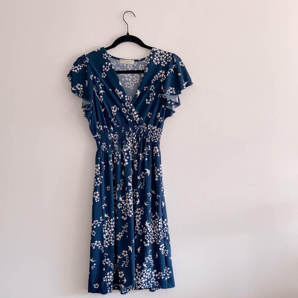 Jon & Anna Butterfly Dress | S | Greenish Navy w/ floral & bird white print